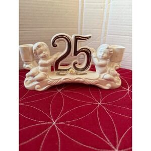 Golden Dogwood Vintage 25th Anniversary Cherub Candle Holder Iridescent Japan